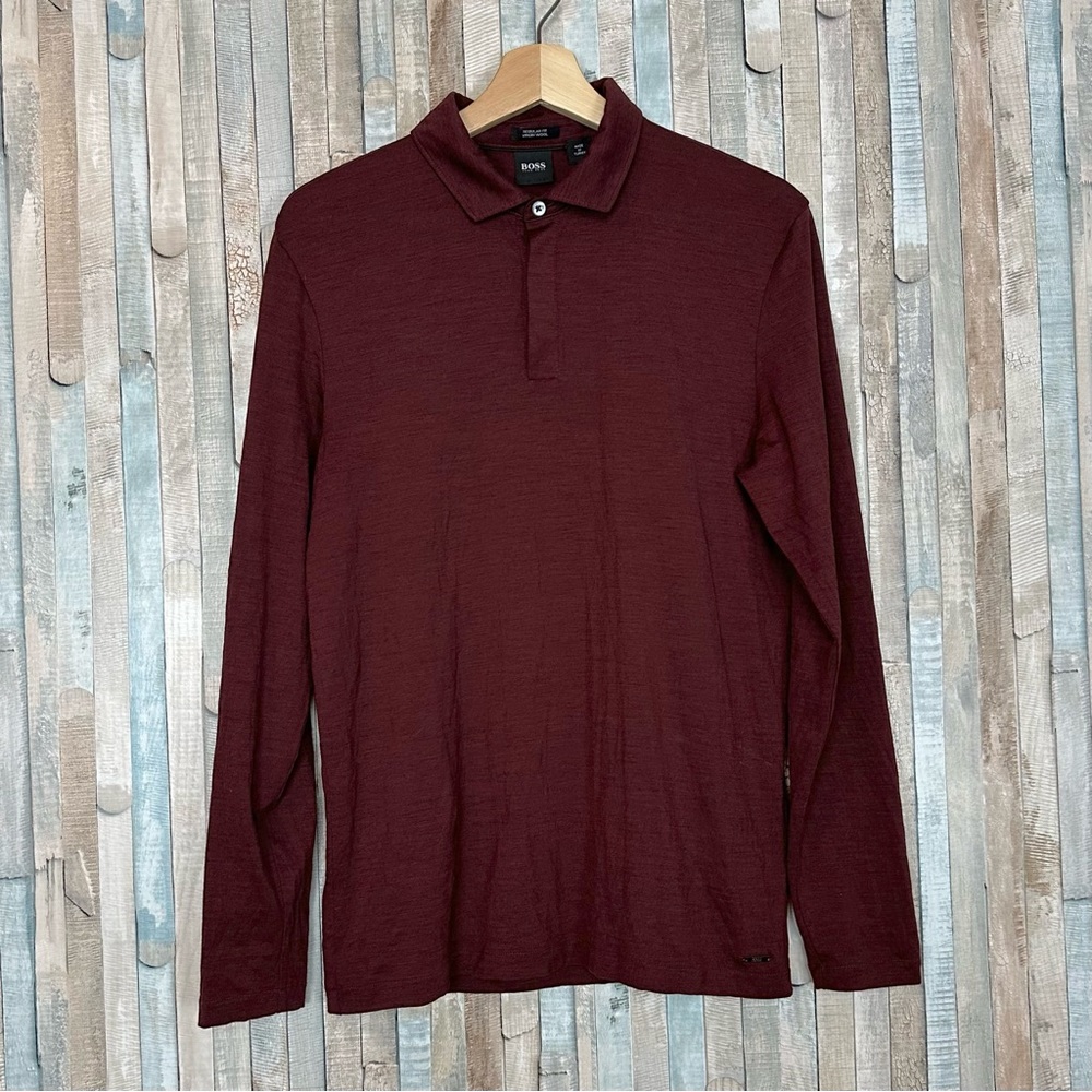 Hugo Boss S Burgundy Red 100% Virgin Wool Knit Polo Pullover Sweater Long Sleeve